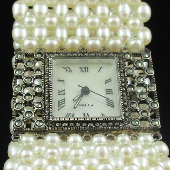 Freshwater Pearl and Marcasite Stretch Bracelet Watch main image 2
